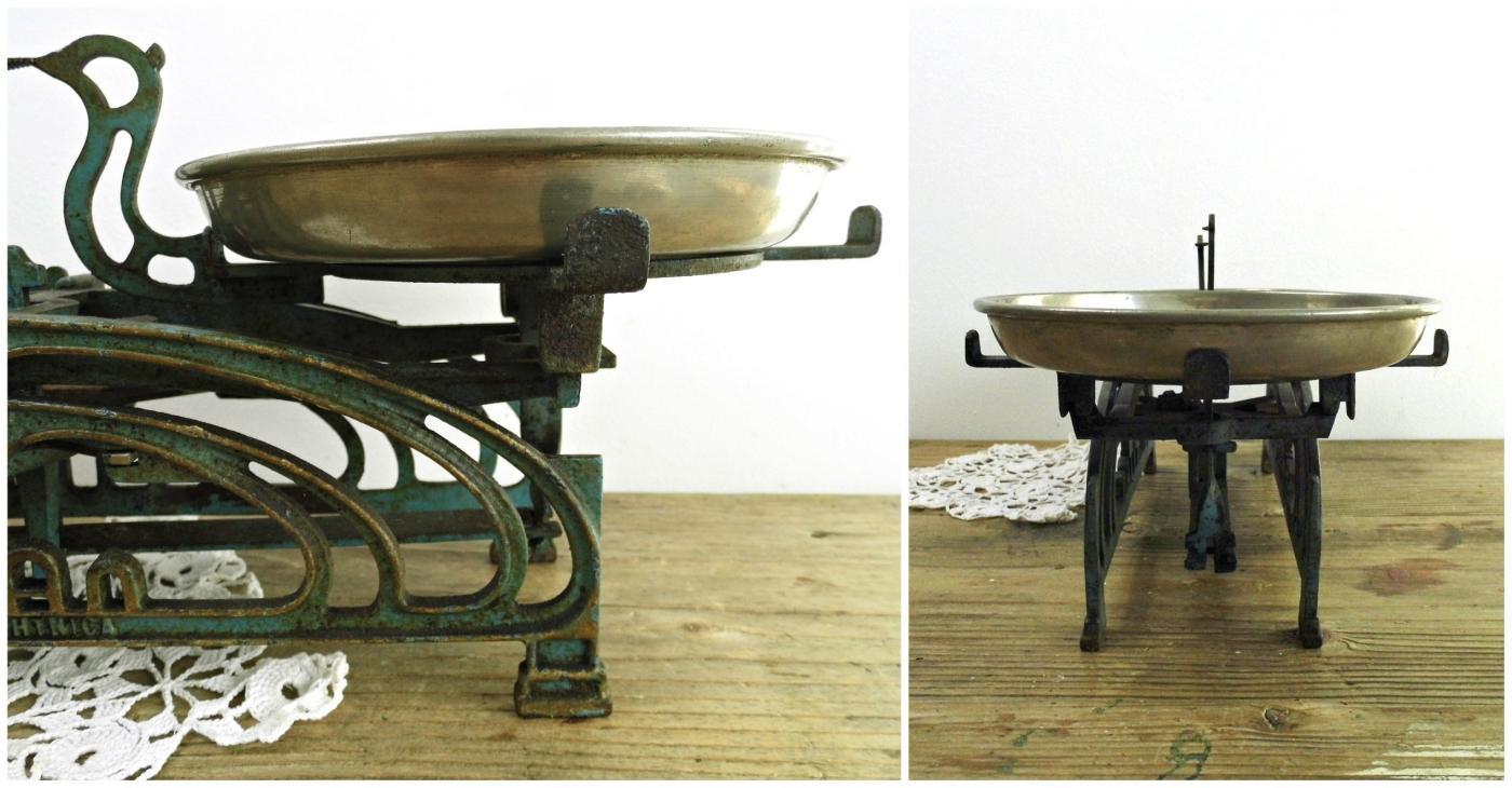 Antique Kitchen Scale Blue Green Vintage Metal Market Balance Scale Brass Trays Cast Iron Counter Rustic Farmhouse Kitchen Industrial Decor