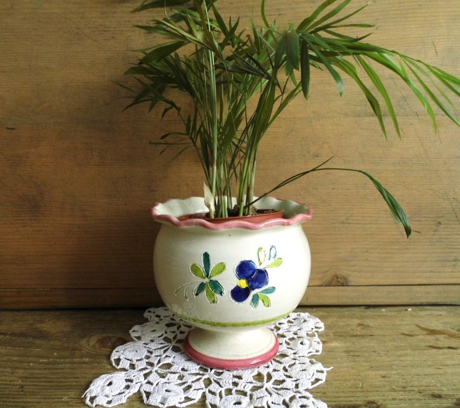 Antique French Pedestal Jardiniere Bowl Hand Painted Floral Planter Vase Flower Pot w/ Scallops Pottery Glazed Stoneware Shabby Cottage Chic