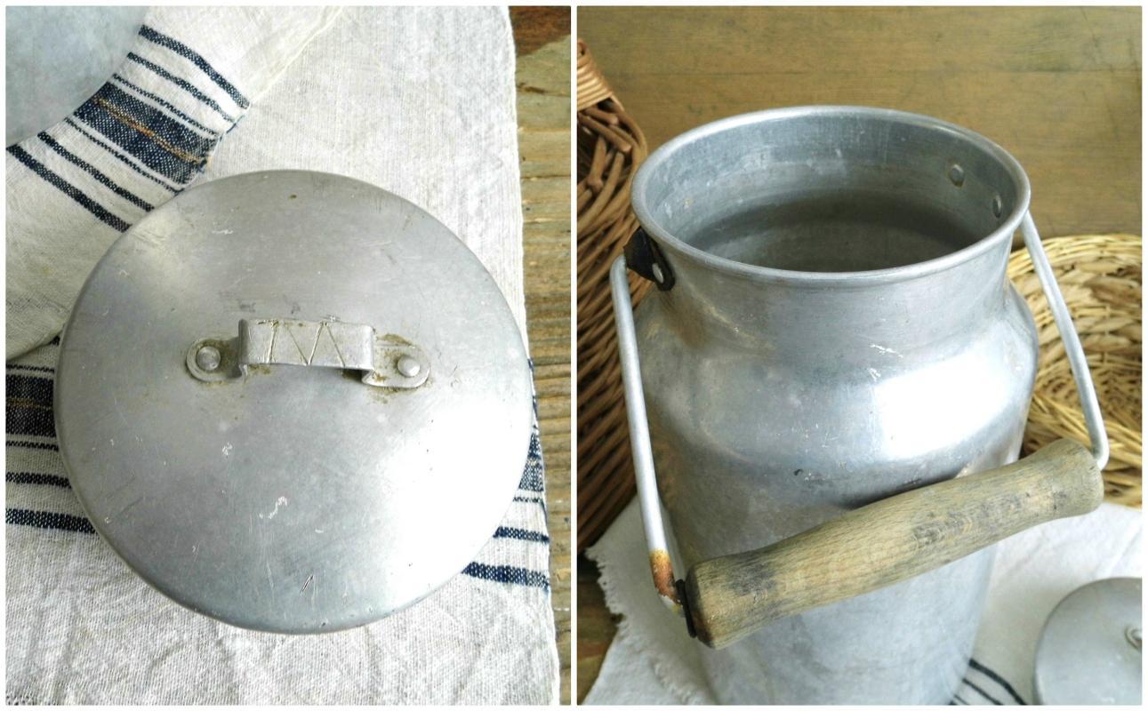 Vintage Aluminum Milk Can Lid Wooden Handle Milk Pail Container Silver Rustic Milk Canister Metal Bucket Enamelware Farmhouse Kitchen Decor