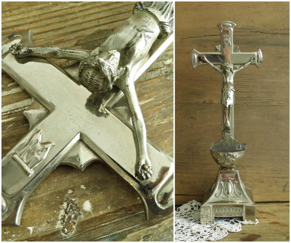 Antique Altar Crucifix Standing Cross Large Metal Jesus Christ Holy Water Font Ornate Silver Tone Vintage Christian Religious Home Shrine