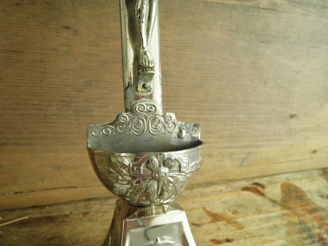 Antique Altar Crucifix Standing Cross Large Metal Jesus Christ Holy Water Font Ornate Silver Tone Vintage Christian Religious Home Shrine