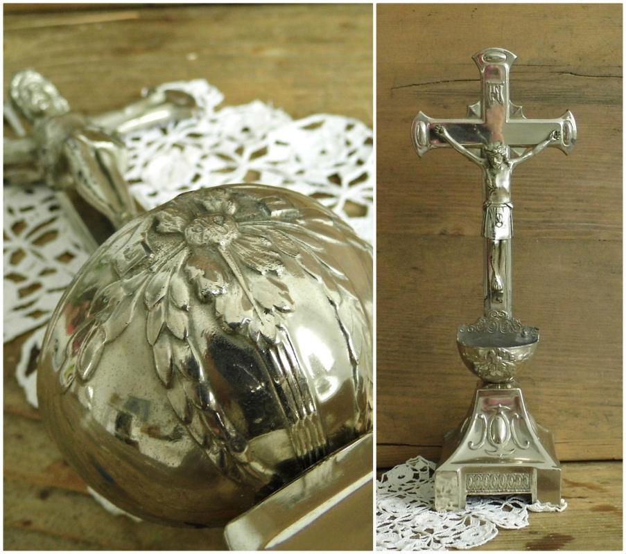 Antique Altar Crucifix Standing Cross Large Metal Jesus Christ Holy Water Font Ornate Silver Tone Vintage Christian Religious Home Shrine