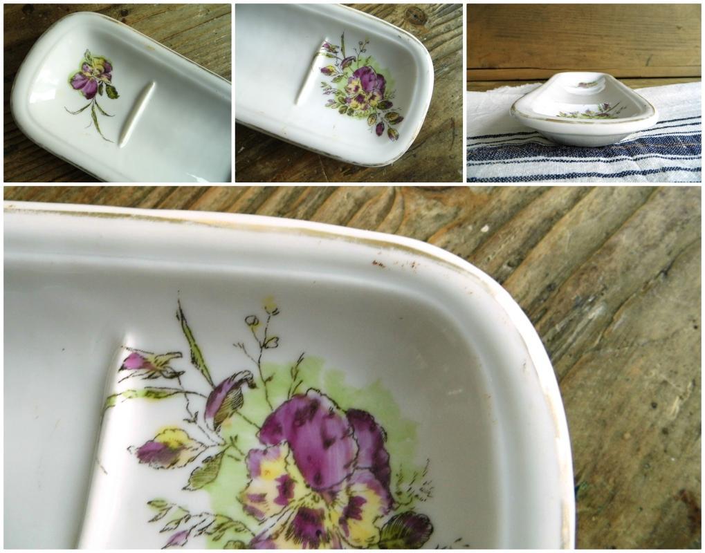 Antique Porcelain Soap Bar Dish or Toothbrush Holder White Floral Ironstone Farmhouse Bath Decor Country Cottage Chic Bathroom Transferware