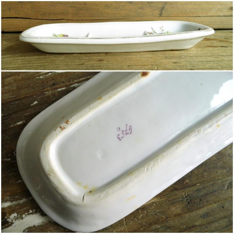 Antique Porcelain Soap Bar Dish or Toothbrush Holder White Floral Ironstone Farmhouse Bath Decor Country Cottage Chic Bathroom Transferware