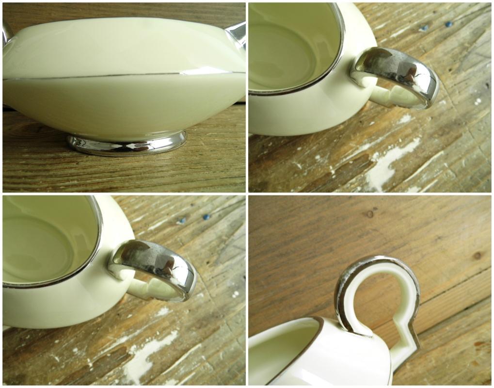 Antique Art Deco Gravy Sauce Boat Bowl Server Beige Silver Trim China Dining Transferware Art Nouveau H&C Haas Czjzek Bohemia Czechoslovakia