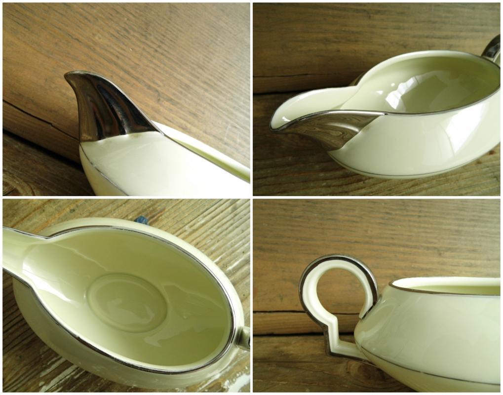 Antique Art Deco Gravy Sauce Boat Bowl Server Beige Silver Trim China Dining Transferware Art Nouveau H&C Haas Czjzek Bohemia Czechoslovakia