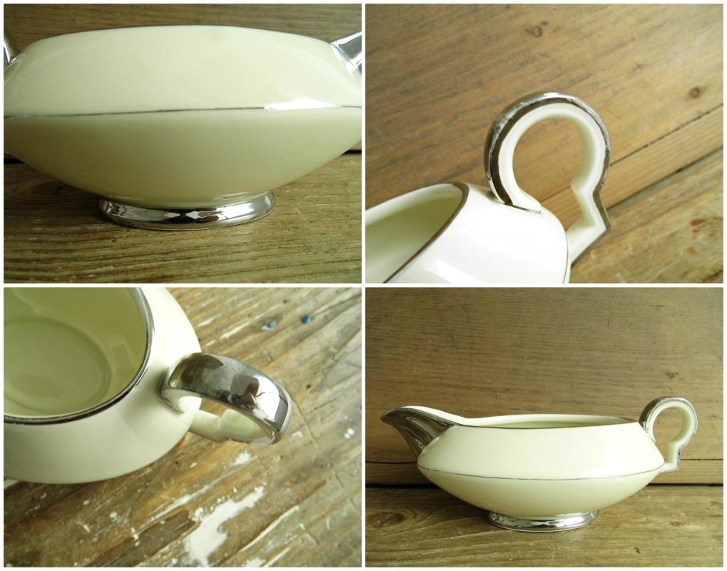 Antique Art Deco Gravy Sauce Boat Bowl Server Beige Silver Trim China Dining Transferware Art Nouveau H&C Haas Czjzek Bohemia Czechoslovakia