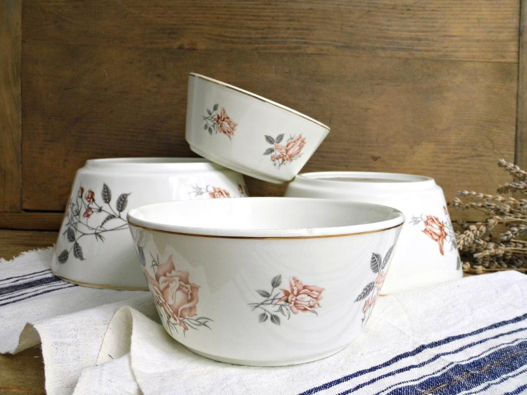Set 4 Antique Porcelain Nesting Bowl Floral Rose White Serving Bowl Ditmar Urbach Gold Trim Vintage Fine China Czech Transferware Dinnerware
