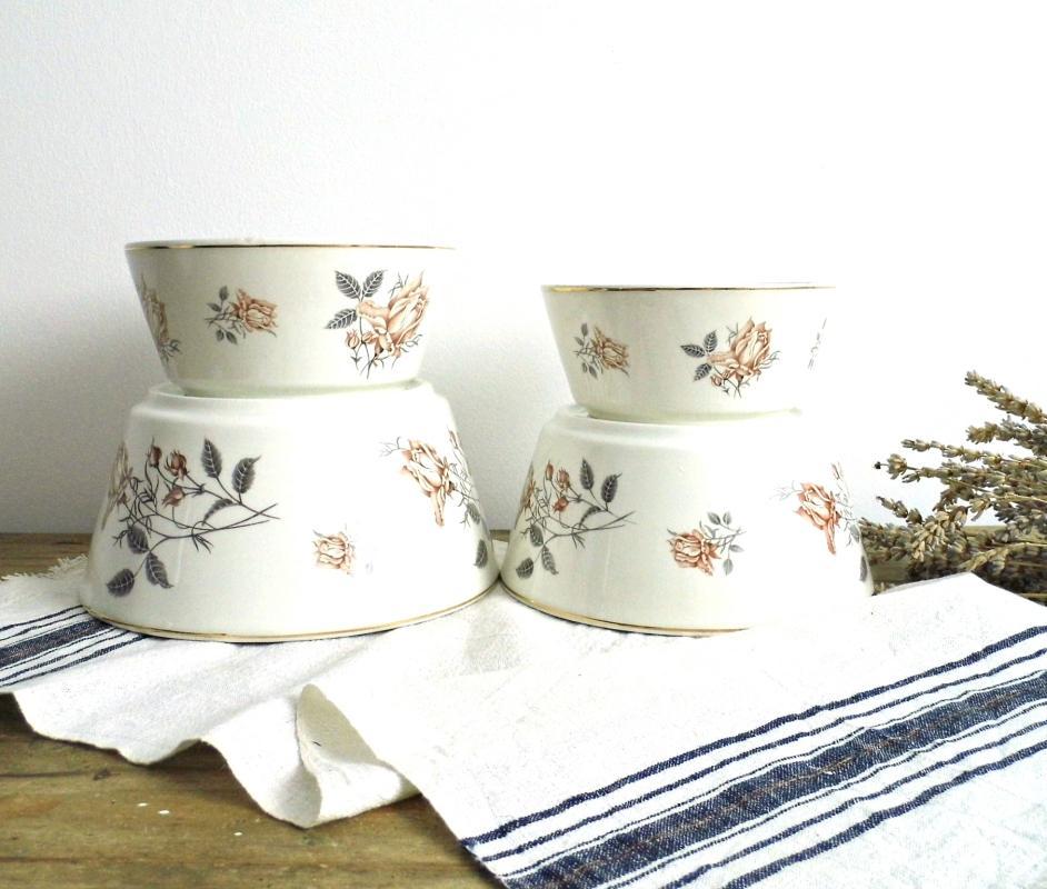 Set 4 Antique Porcelain Nesting Bowl Floral Rose White Serving Bowl Ditmar Urbach Gold Trim Vintage Fine China Czech Transferware Dinnerware