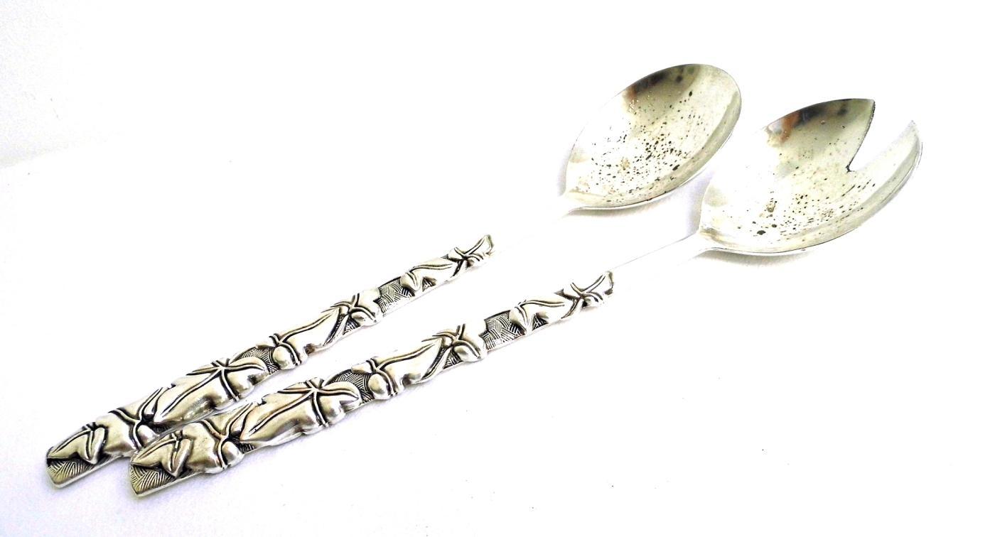Silver Plated Salad Server Tosser Silea Vintage Metal Serving Utensil Mixing Spoon Ornate Floral Flatware Cutlery Gadget Dining Table Decor
