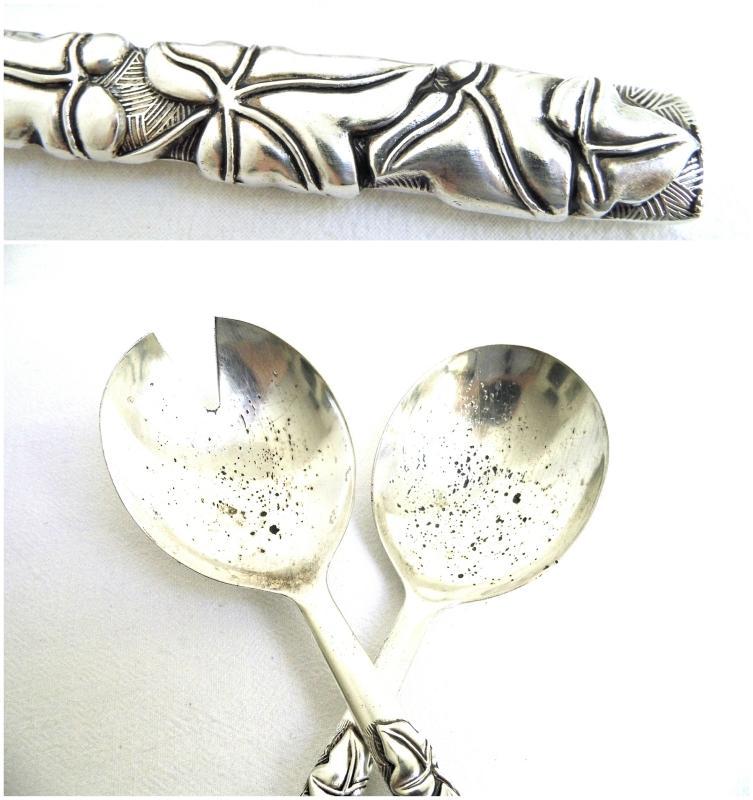 Silver Plated Salad Server Tosser Silea Vintage Metal Serving Utensil Mixing Spoon Ornate Floral Flatware Cutlery Gadget Dining Table Decor