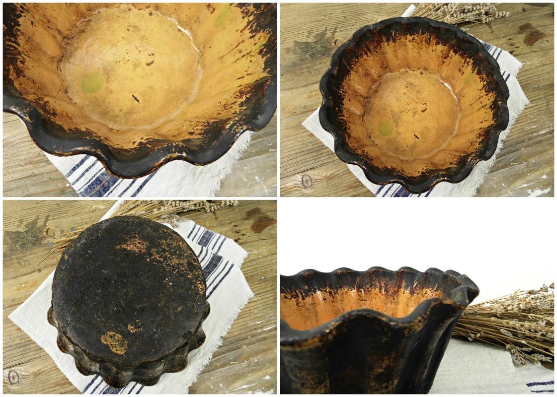 Antique French Pottery Cake Pan Mold Tube Vintage Clay Baking Pan Pudding Form Kugelhopf Jelly Bowl Round Bundt Rustic Country Kitchen Decor