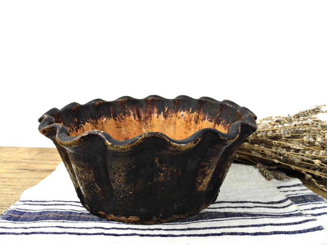 Antique French Pottery Cake Pan Mold Tube Vintage Clay Baking Pan Pudding Form Kugelhopf Jelly Bowl Round Bundt Rustic Country Kitchen Decor