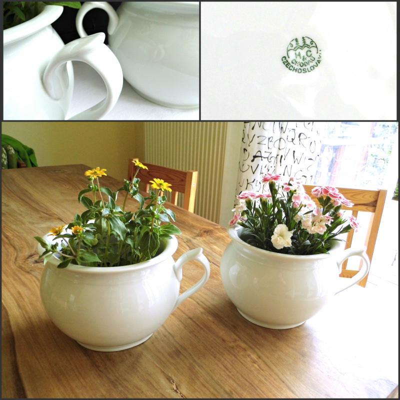 Antique Chamber Pot Porcelain Vintage H&C Bohemia Czech White Flower Pot Handle Planter French Farmhouse Shabby Cottage Decor Vase Ironstone
