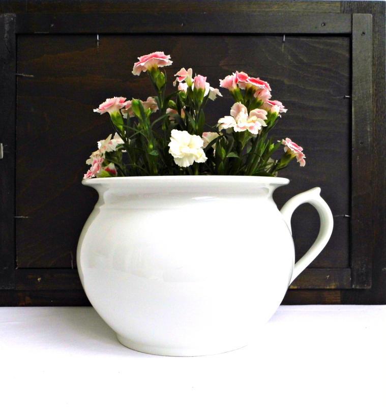 Antique Chamber Pot Porcelain Vintage H&C Bohemia Czech White Flower Pot Handle Planter French Farmhouse Shabby Cottage Decor Vase Ironstone