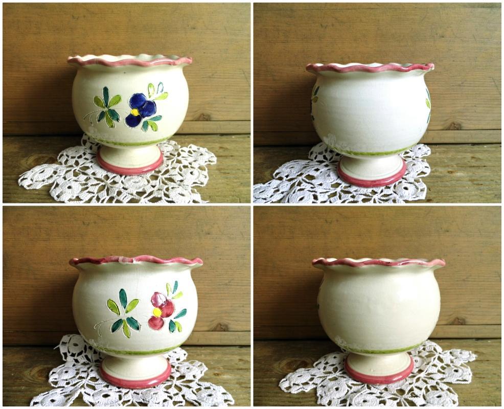 Antique French Pedestal Jardiniere Bowl Hand Painted Floral Planter Vase Flower Pot w/ Scallops Pottery Glazed Stoneware Shabby Cottage Chic