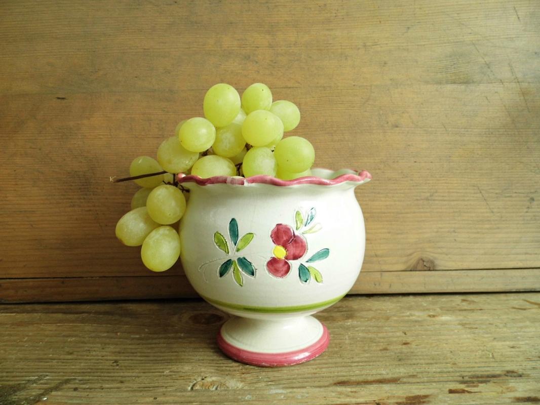 Antique French Pedestal Jardiniere Bowl Hand Painted Floral Planter Vase Flower Pot w/ Scallops Pottery Glazed Stoneware Shabby Cottage Chic