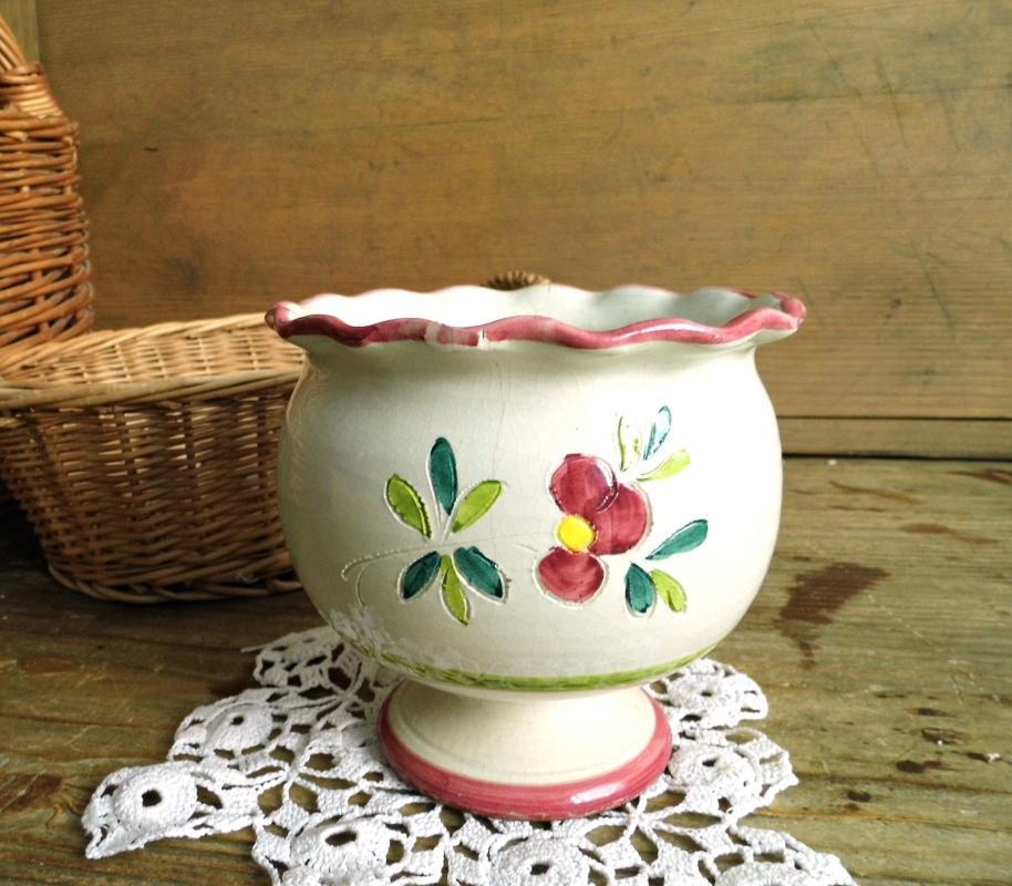 Antique French Pedestal Jardiniere Bowl Hand Painted Floral Planter Vase Flower Pot w/ Scallops Pottery Glazed Stoneware Shabby Cottage Chic