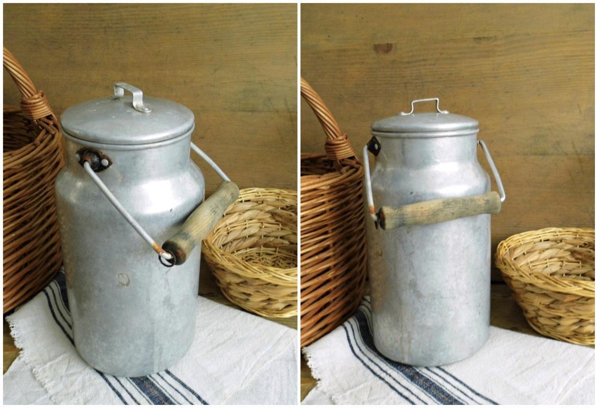 Vintage Aluminum Milk Can Lid Wooden Handle Milk Pail Container Silver Rustic Milk Canister Metal Bucket Enamelware Farmhouse Kitchen Decor