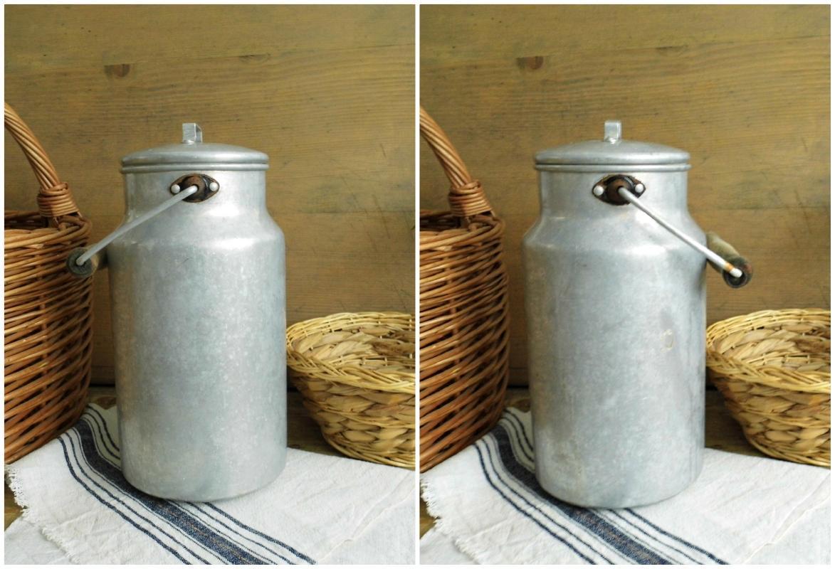 Vintage Aluminum Milk Can Lid Wooden Handle Milk Pail Container Silver Rustic Milk Canister Metal Bucket Enamelware Farmhouse Kitchen Decor