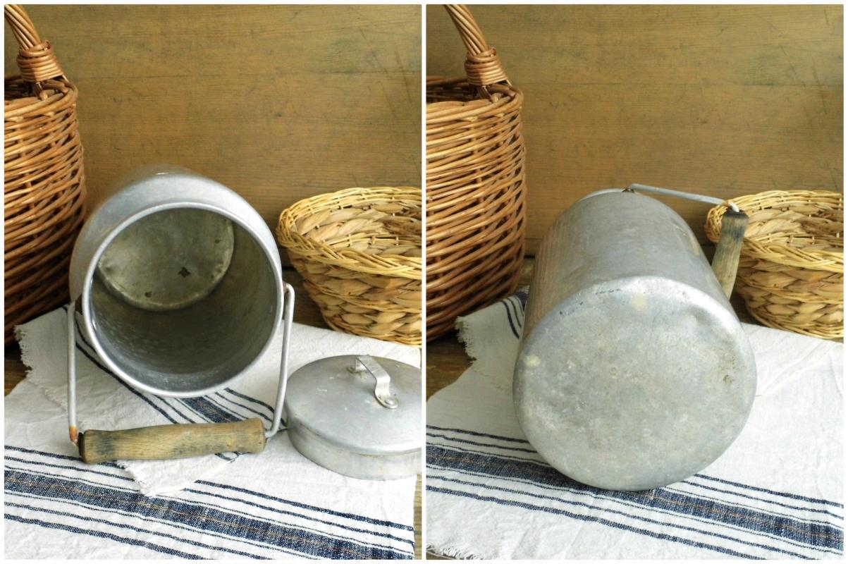 Vintage Aluminum Milk Can Lid Wooden Handle Milk Pail Container Silver Rustic Milk Canister Metal Bucket Enamelware Farmhouse Kitchen Decor