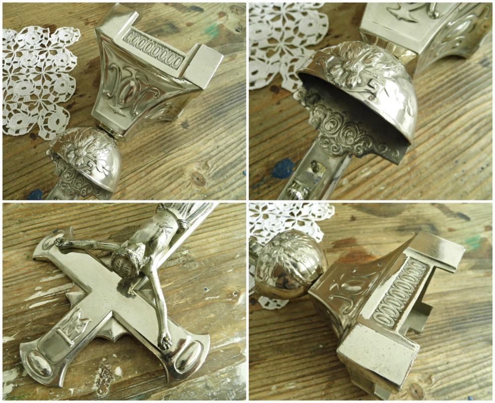Antique Altar Crucifix Standing Cross Large Metal Jesus Christ Holy Water Font Ornate Silver Tone Vintage Christian Religious Home Shrine