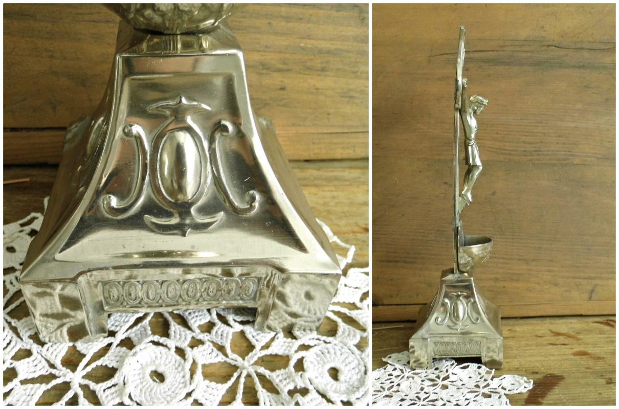 Antique Altar Crucifix Standing Cross Large Metal Jesus Christ Holy Water Font Ornate Silver Tone Vintage Christian Religious Home Shrine
