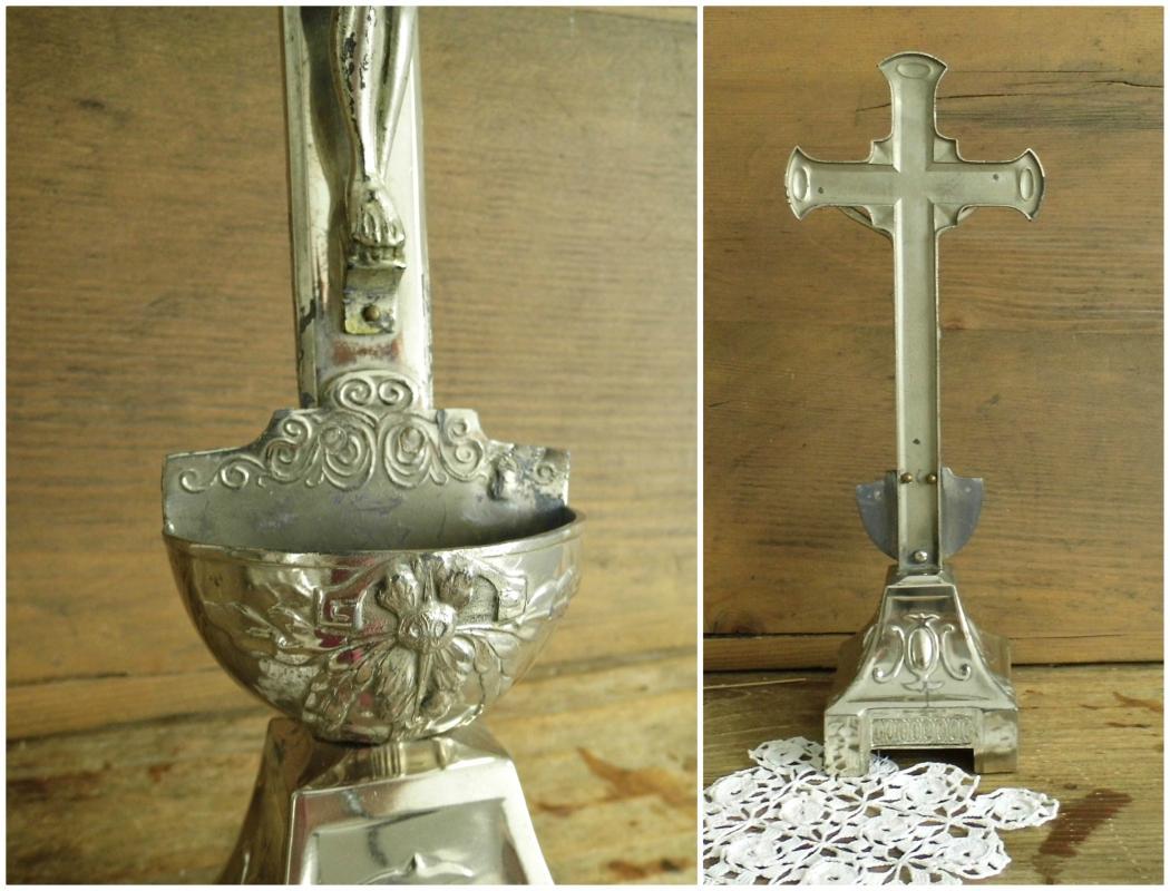 Antique Altar Crucifix Standing Cross Large Metal Jesus Christ Holy Water Font Ornate Silver Tone Vintage Christian Religious Home Shrine