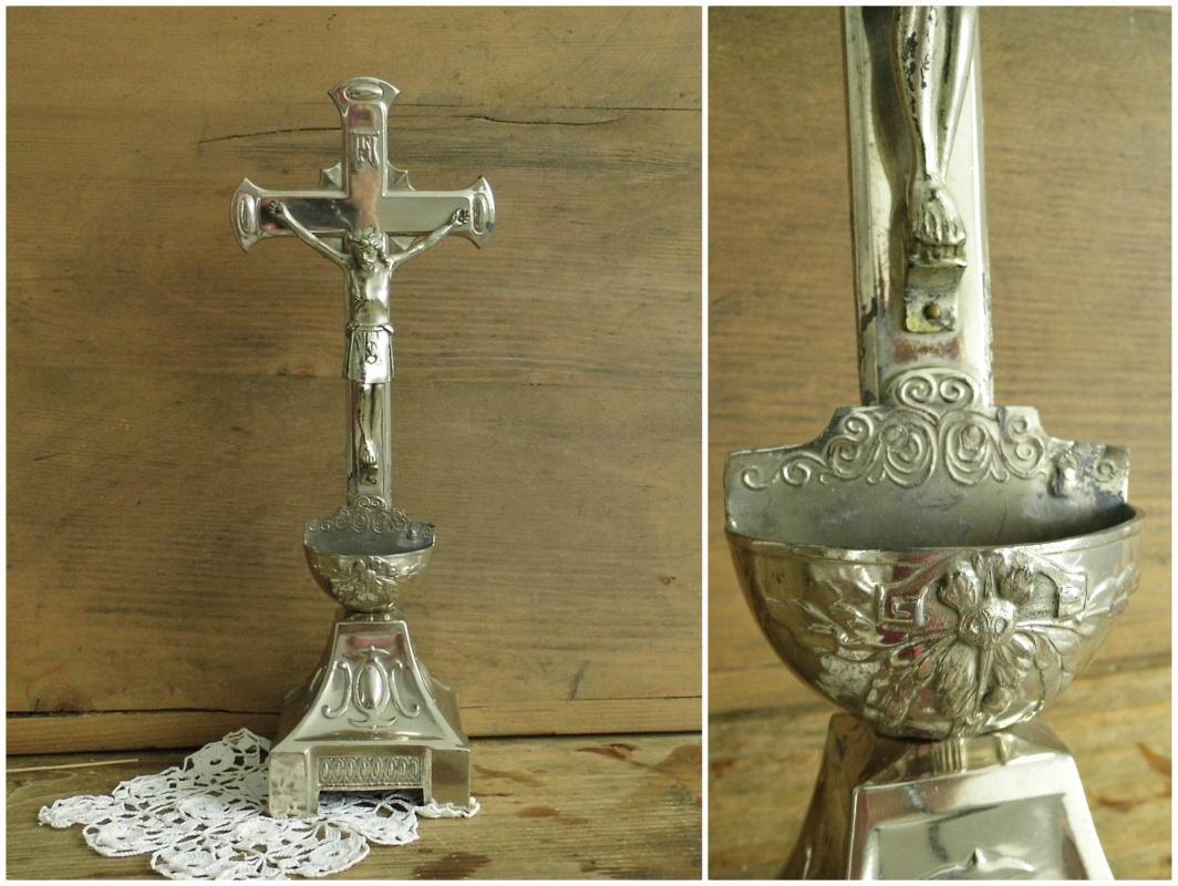 Antique Altar Crucifix Standing Cross Large Metal Jesus Christ Holy Water Font Ornate Silver Tone Vintage Christian Religious Home Shrine