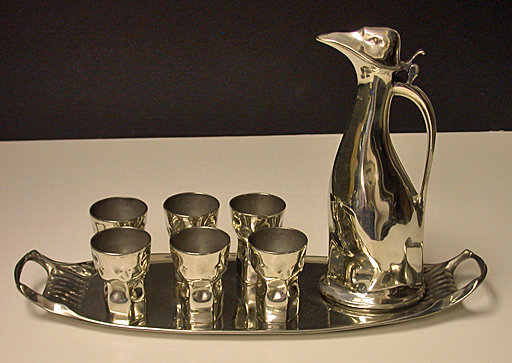 Kayserzinn Hugo Levin Art Nouveau Pewter Penguin Decanter Set, Germany C.1900