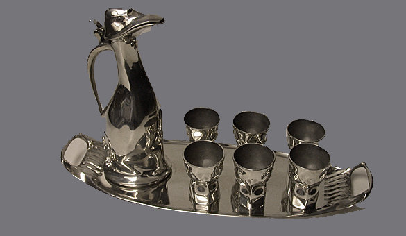 Kayserzinn Hugo Levin Art Nouveau Pewter Penguin Decanter Set, Germany C.1900