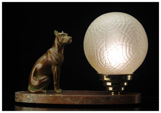 French Art Deco spelter Dog and Marble Table Desk Lamp, C.1920.