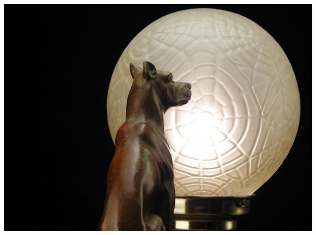 French Art Deco spelter Dog and Marble Table Desk Lamp, C.1920.