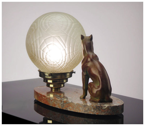 French Art Deco spelter Dog and Marble Table Desk Lamp, C.1920.