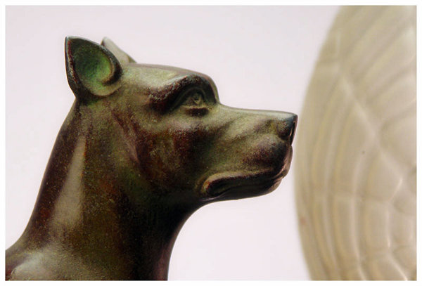 French Art Deco spelter Dog and Marble Table Desk Lamp, C.1920.