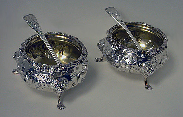 Pair of Antique Victorian large open salts with salt spoons, London 1855, W.R. Smily.