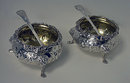 Pair of Antique Victorian large open salts with salt spoons, London 1855, W.R. Smily.