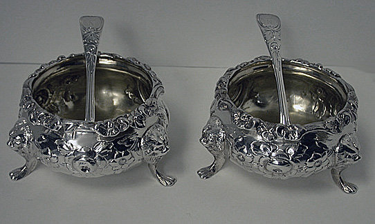Pair of Antique Victorian large open salts with salt spoons, London 1855, W.R. Smily.