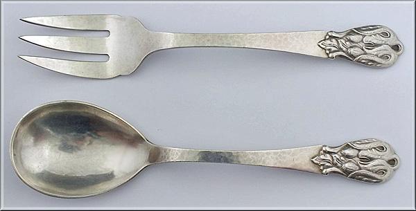 Carl Poul Petersen hammered Silver Salad Servers, Montreal. C.1930.