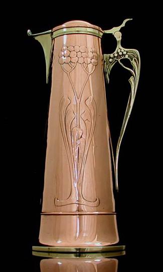 Art Nouveau Copper and Brass Wine Jug, Germany C 1905.