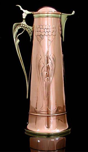 Art Nouveau Copper and Brass Wine Jug, Germany C 1905.