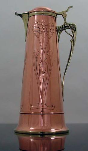 Art Nouveau Copper and Brass Wine Jug, Germany C 1905.