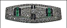 Art Deco Brooch Platinum Diamond Emerald Onyx France C.1920.