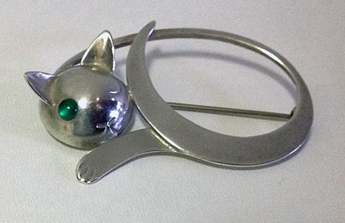Georg Jensen Sterling reclining Cat Brooch, JoPol C.1945
