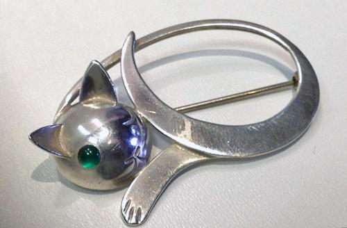 Georg Jensen Sterling reclining Cat Brooch, JoPol C.1945