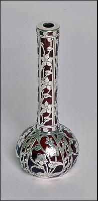 Fine American Art Nouveau Silver overlay rare red glass Vase, C.1900