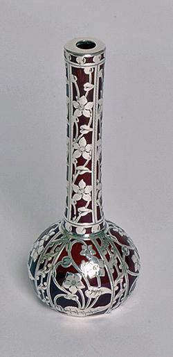 Fine American Art Nouveau Silver overlay rare red glass Vase, C.1900