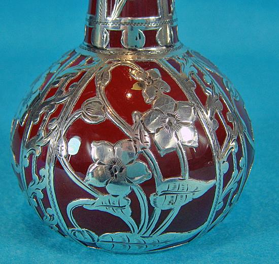 Fine American Art Nouveau Silver overlay rare red glass Vase, C.1900