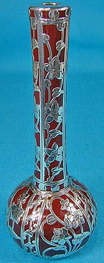 Fine American Art Nouveau Silver overlay rare red glass Vase, C.1900