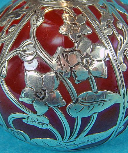 Fine American Art Nouveau Silver overlay rare red glass Vase, C.1900